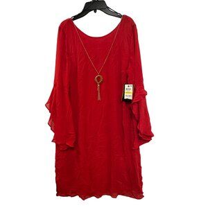 Thalia Sodi Red Dress Women Medium Lipstick Red Ruffle Sleeve Gold Necklace